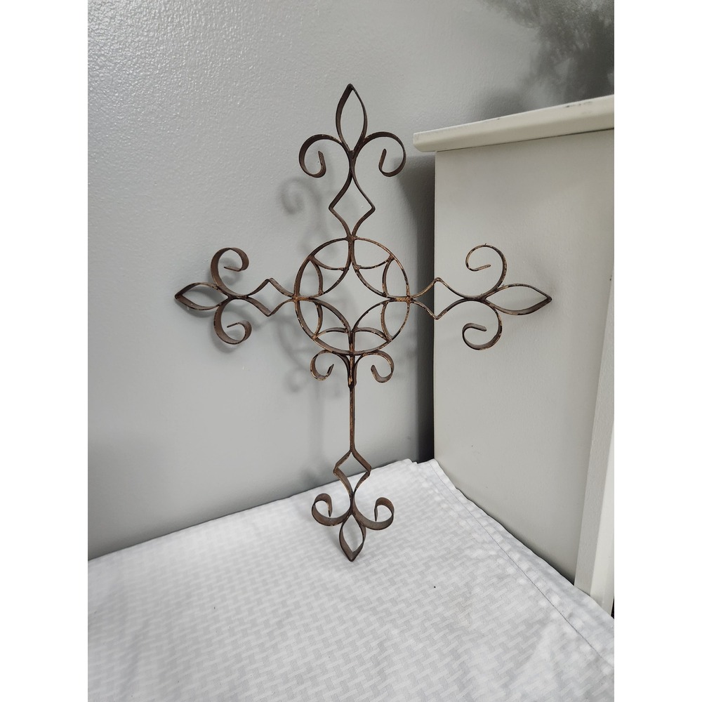 Rustic Metal Wall Cross Fleur De Lis Scrollwork Wrought Iron Style Decor Brown